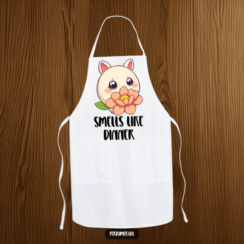 Funny Apron depicting a curious creature with wide eyes sniffing a stylized flower, perfect for kitchen gardeners.