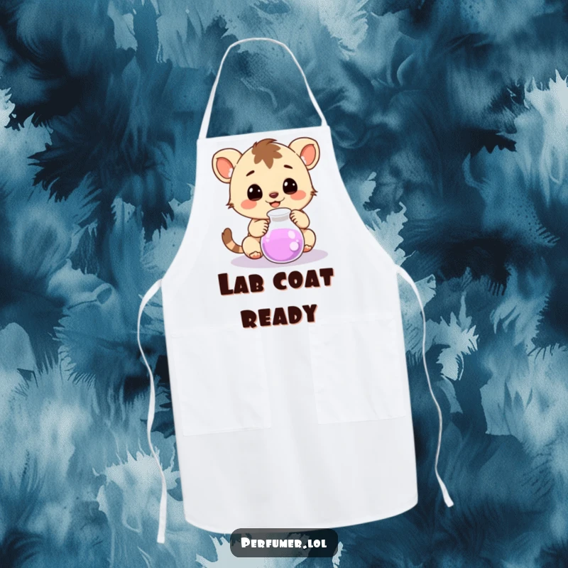 Funny Apron depicting a happy creature curiously observing a bubbling beaker, ideal for kitchen or lab work.