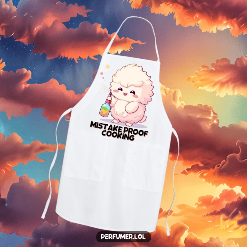 Funny Apron depicting a fluffy creature joyfully spraying a colorful mist, ideal for kitchen fun.