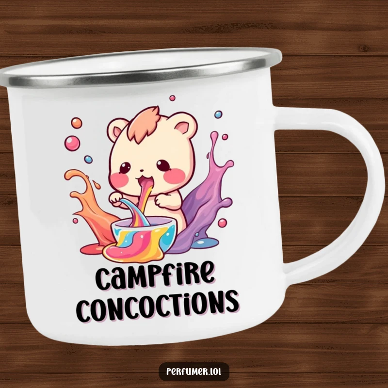 Funny Camping Mug showing a small creature mixing colorful liquids, built for adventure and scientific fun.