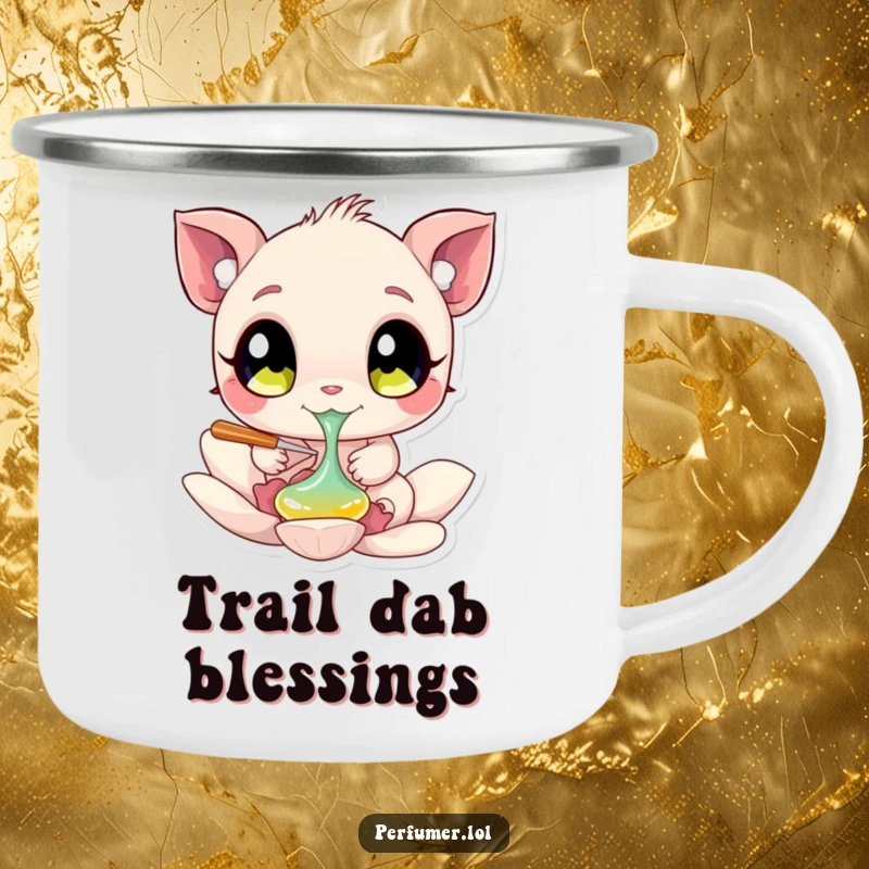 Funny Camping Mug showing a creature dabbing liquid onto a petal, built for adventure and artistic fun.