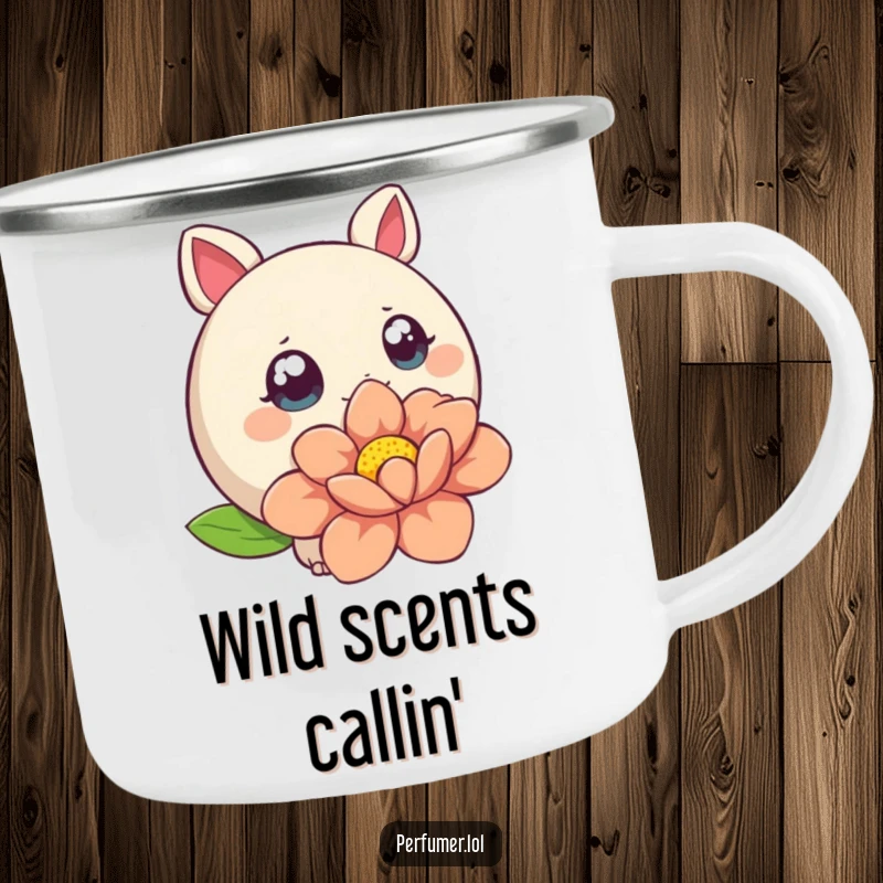 Funny Camping Mug showing a wide-eyed creature sniffing a large flower, perfect for outdoor enthusiasts.