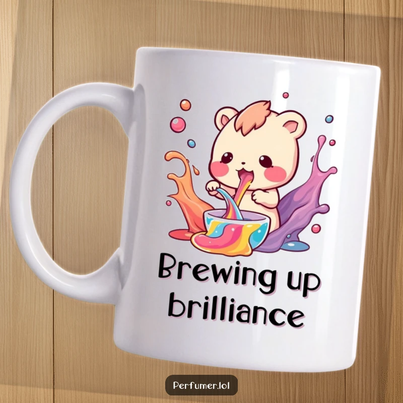 Funny Mug showing a small creature enthusiastically mixing swirling colorful liquids in beakers, radiating scientific joy.