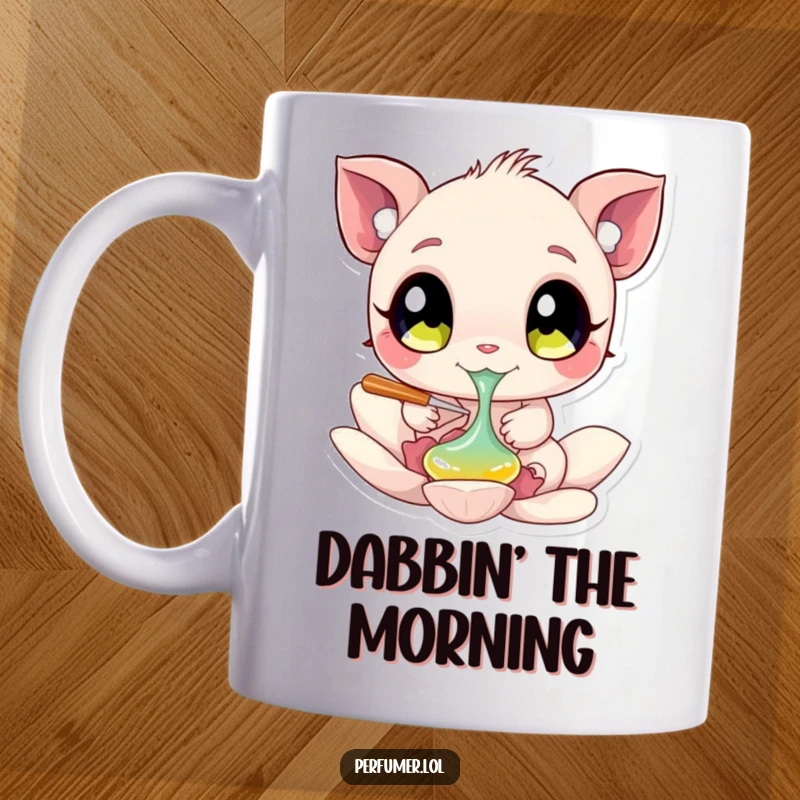 Funny Mug of a creature with big eyes playfully dabbing liquid onto a flower petal, showing artistic focus.