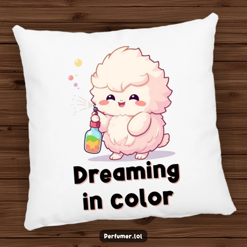 Funny Pillow decorated with a fluffy creature joyfully spraying a vibrant mist, offering comfort and humor.