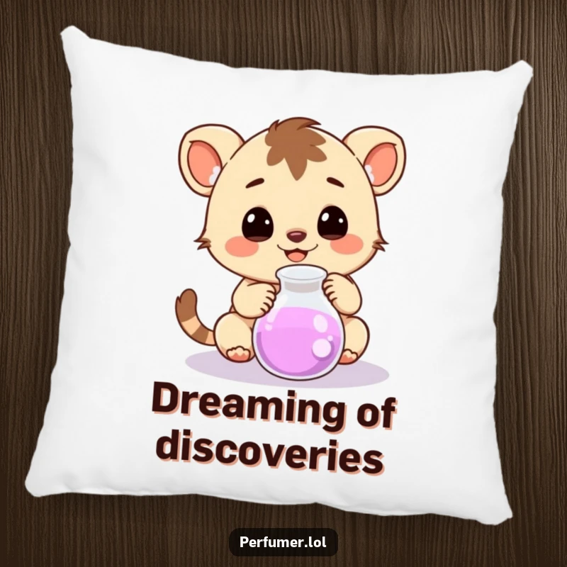 Funny Pillow decorated with a happy creature curiously observing a bubbling beaker, offering comfort and joy.