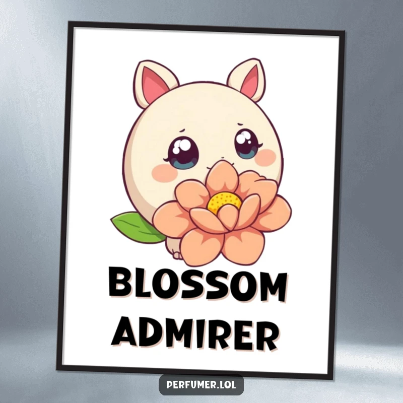 Funny Digital Art Print of a wide-eyed creature sniffing a large stylized flower, adding natural charm.