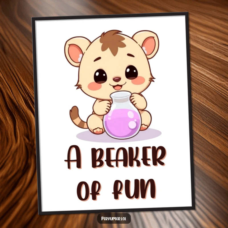 Funny Digital Art Print of a happy creature curiously observing a small bubbling beaker, perfect for decor.