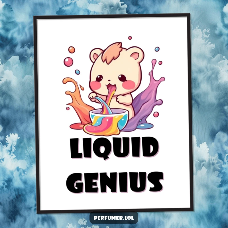 Funny Digital Art Print of a small creature mixing swirling colorful liquids, perfect for science-themed decor.