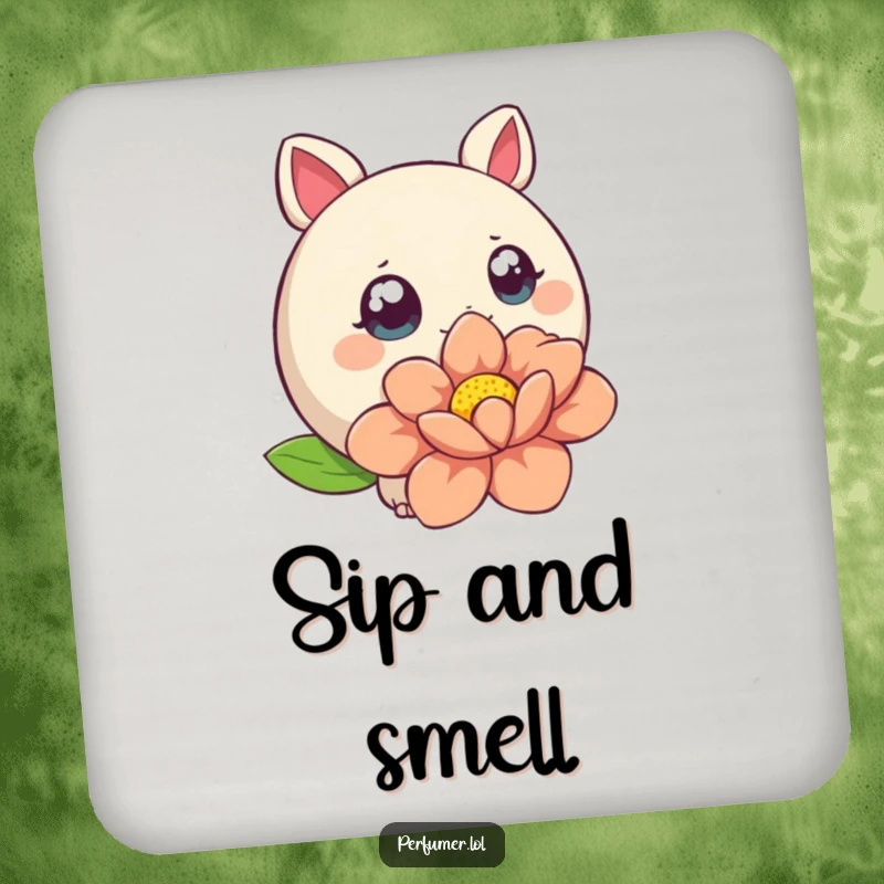 Funny Drink Coasters featuring a curious creature with wide eyes sniffing a stylized flower, adding charm.