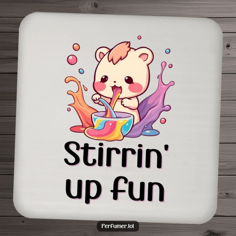 Funny Drink Coasters featuring a small creature mixing colorful liquids, adding a scientific touch.