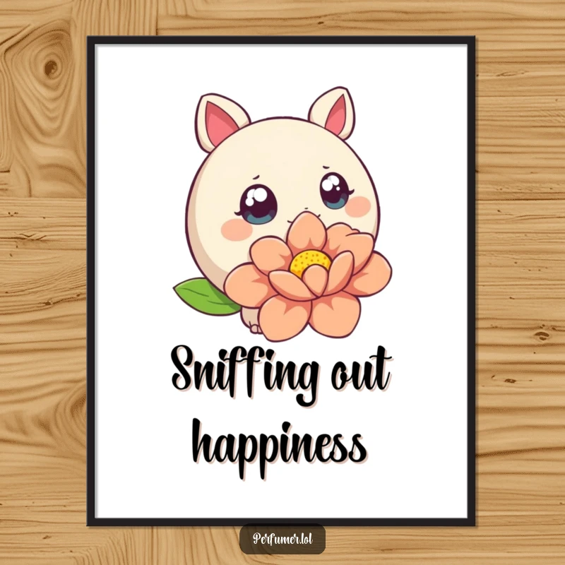 Funny Poster of a round creature with wide eyes investigating a large stylized flower, bringing botanical charm.