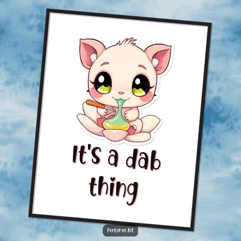 Funny Poster showcasing a creature with big eyes playfully dabbing liquid onto a flower petal, perfect for calm spaces.