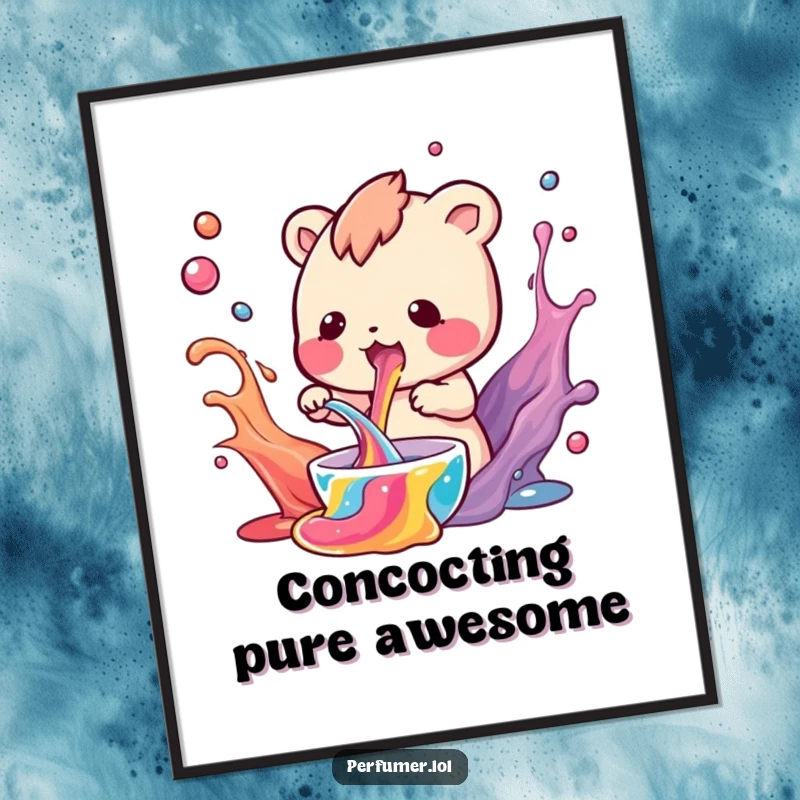 Funny Poster showcasing a small creature enthusiastically mixing swirling colorful liquids, perfect for study spaces.
