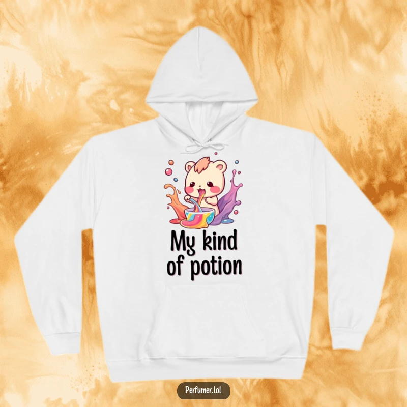 Funny Hoodie featuring a small creature mixing colorful liquids, designed for warmth and scientific fun.