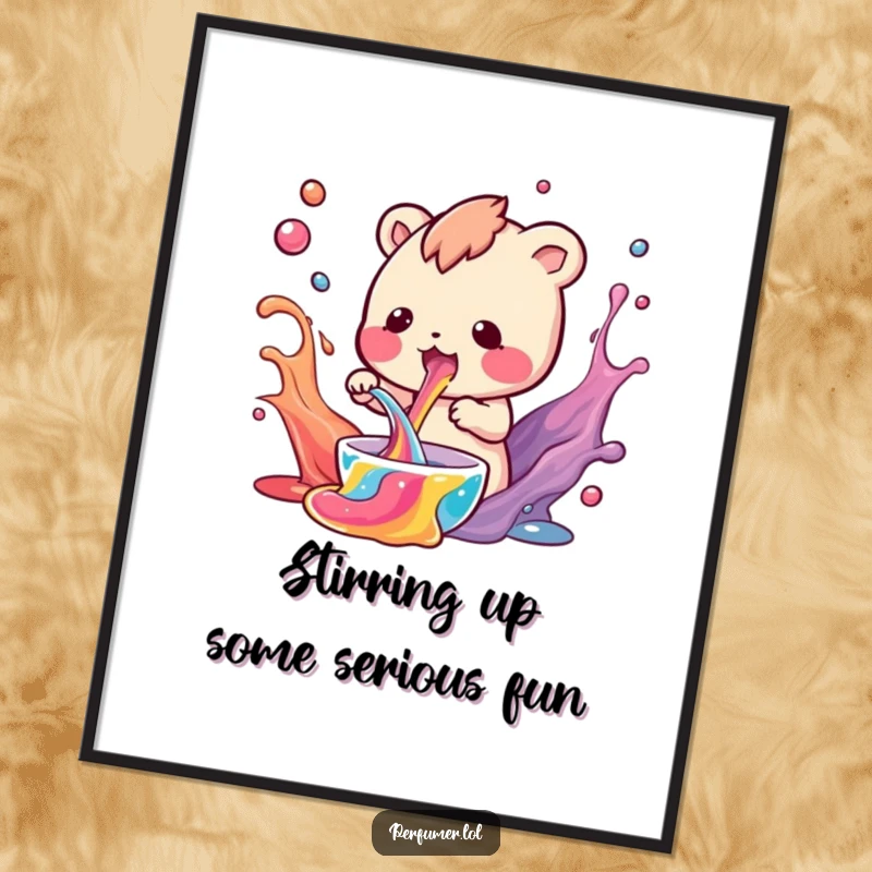 Funny Free Printable Wall Art of a small creature enthusiastically mixing swirling colorful liquids, creating a vibrant, artistic scene.