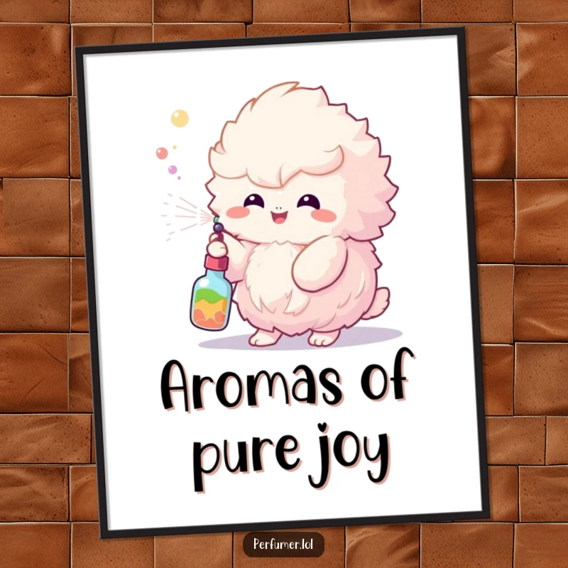Funny Free Printable Wall Art of a fluffy creature joyfully spraying a colorful mist from a tiny bottle, whimsical and cheerful.