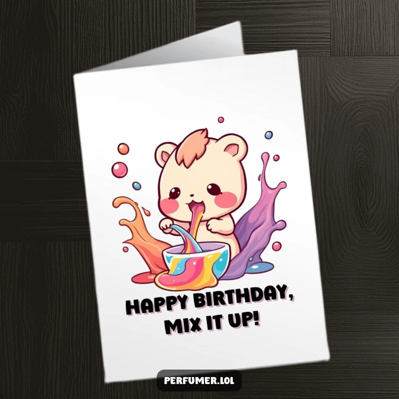Funny Free Printable Birthday Card featuring a small creature enthusiastically mixing swirling colorful liquids, a mad scientist at work.