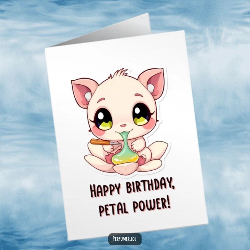 Funny Free Printable Birthday Card showing a creature with big eyes playfully dabbing liquid onto a petal, creating birthday art.