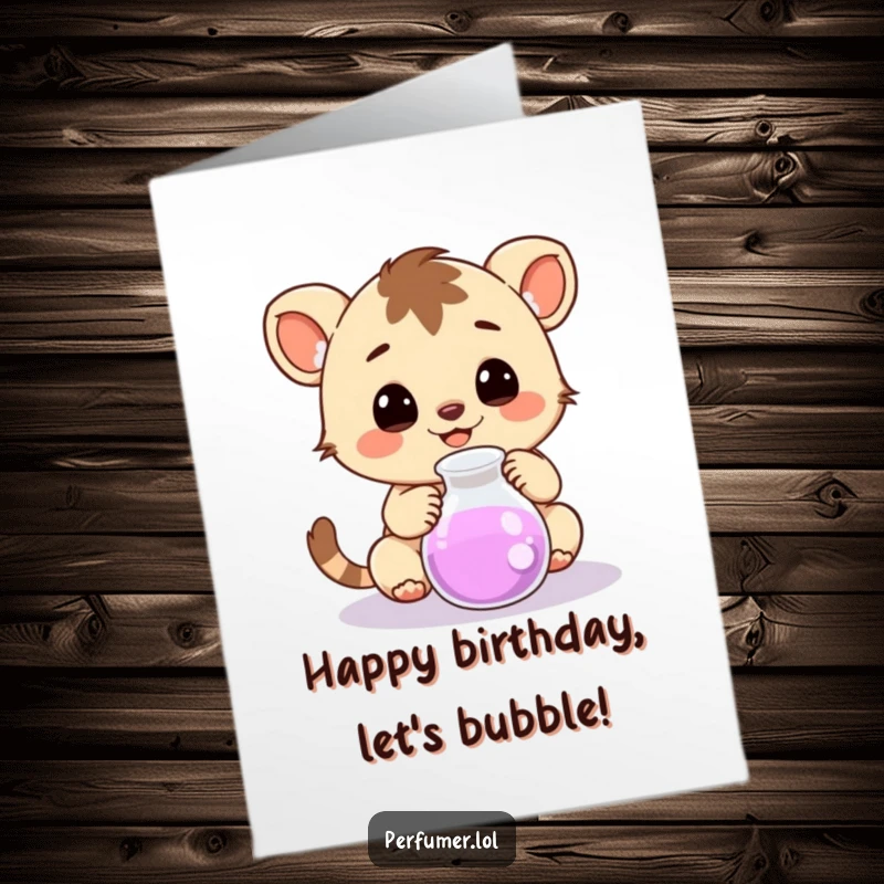 Funny Free Printable Birthday Card featuring a happy creature curiously observing a bubbling small beaker, full of scientific wonder.