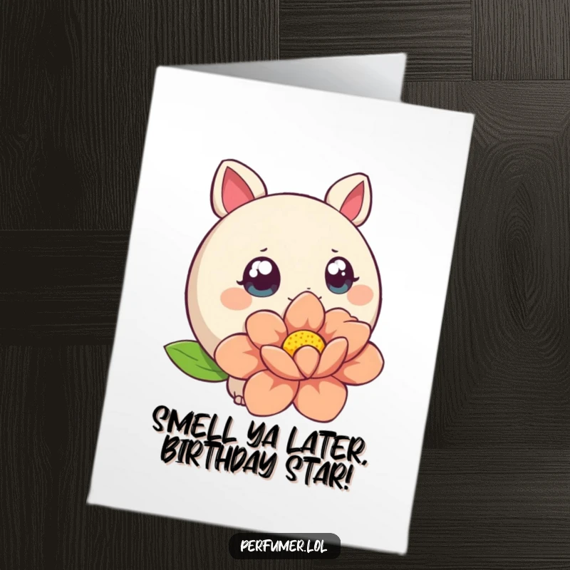 Funny Free Printable Birthday Card featuring a round creature with wide eyes curiously sniffing a large, stylized flower, full of wonder.