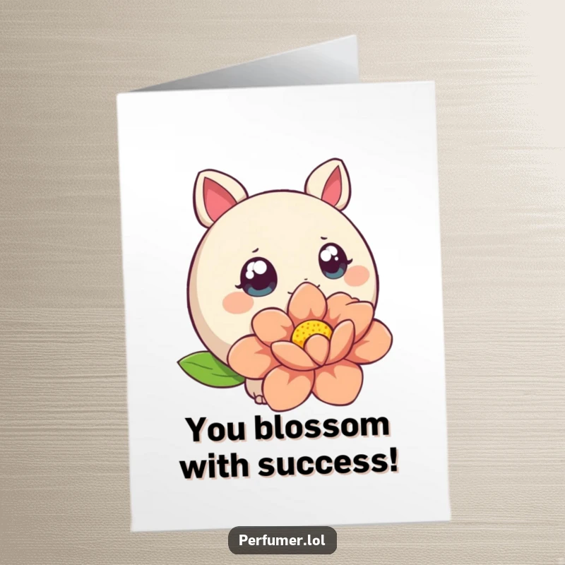 Funny Free Printable Congratulations Card of a round creature with wide eyes sniffing a large, stylized flower, celebrating success.