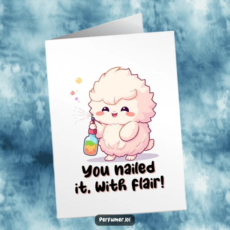 Funny Free Printable Congratulations Card of a fluffy creature spraying colorful mist, symbolizing a joyous celebration.