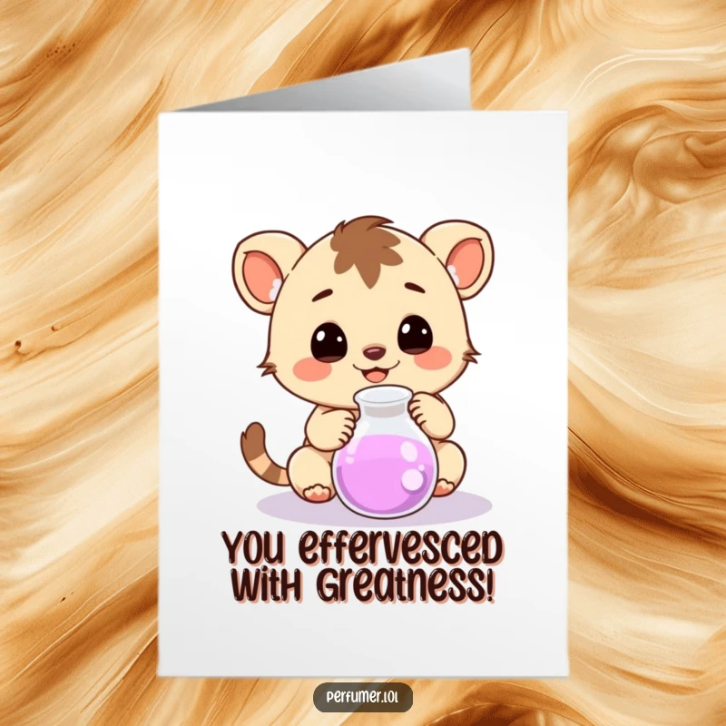 Funny Free Printable Congratulations Card of a happy creature observing a bubbling beaker, symbolizing a successful discovery.