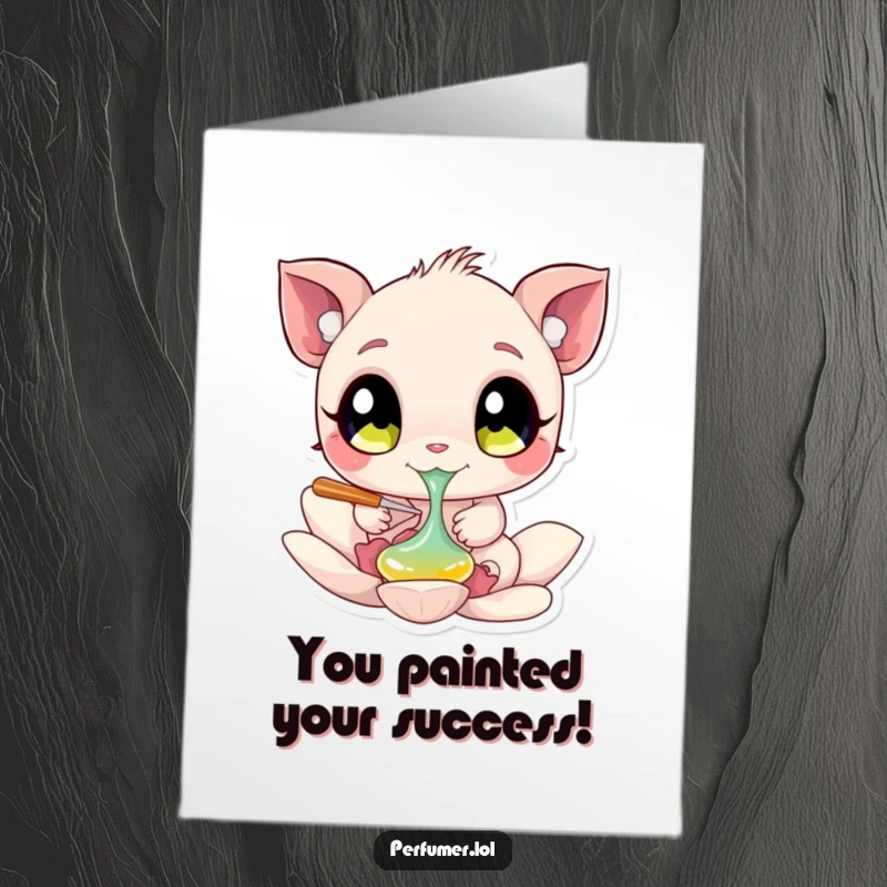 Funny Free Printable Congratulations Card of a creature dabbing liquid onto a petal, symbolizing artistic achievement and success.