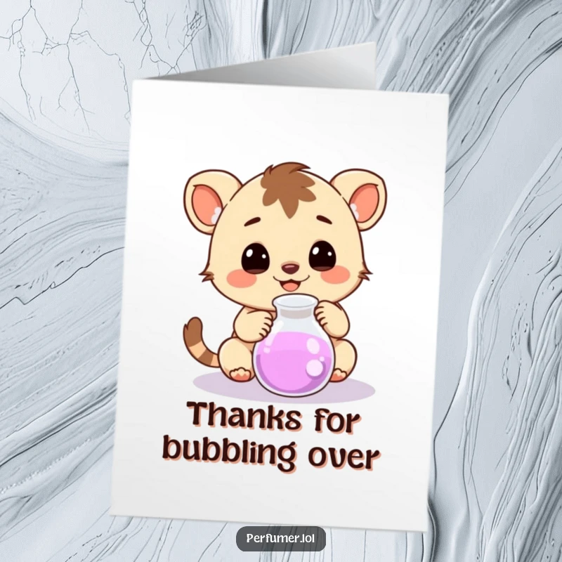 Funny Free Printable Thank You Card with a happy creature observing a bubbling small beaker, a moment of grateful discovery.