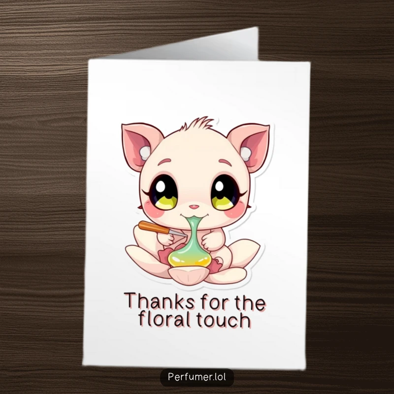 Funny Free Printable Thank You Card with a creature dabbing liquid onto a petal, a beautiful expression of thanks.
