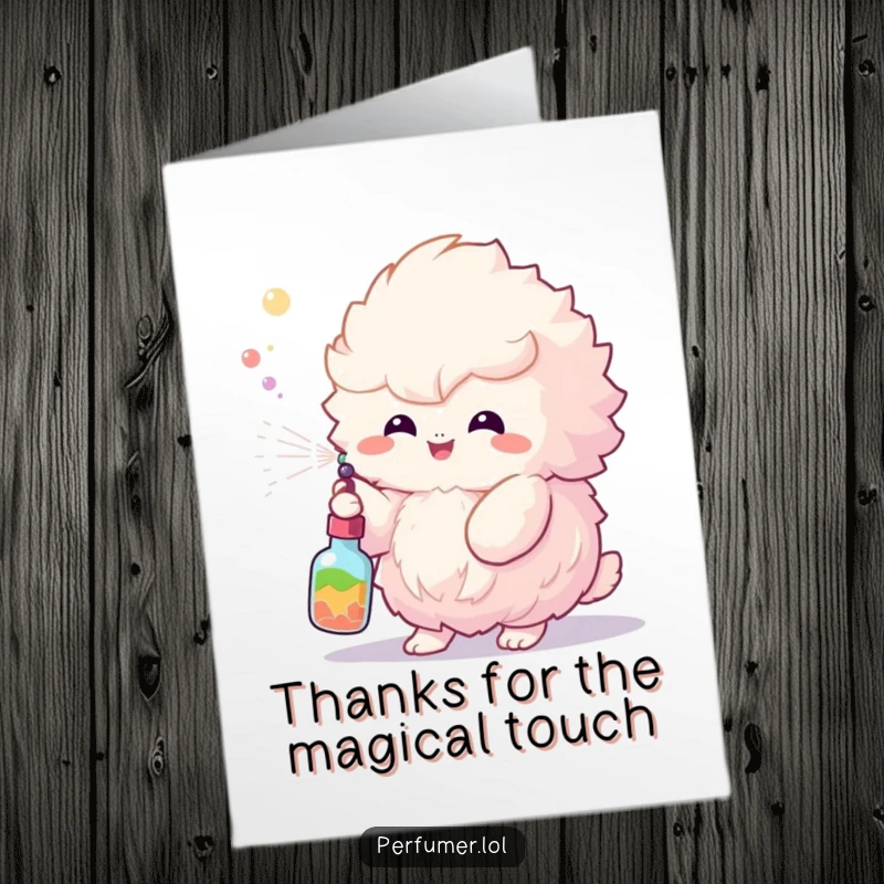 Funny Free Printable Thank You Card with a fluffy creature spraying a mist of thanks, showing gratitude with humor.