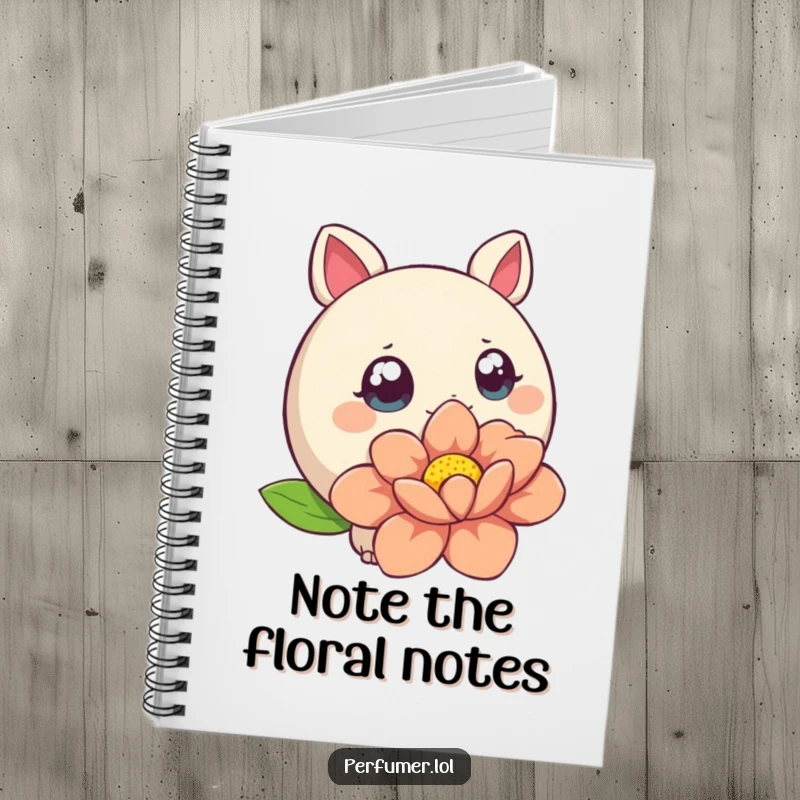 Funny Notebook with a round creature with wide eyes sniffing a stylized flower, great for note-taking.