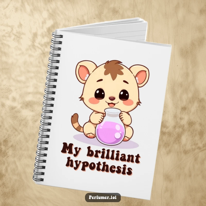 Funny Notebook with a happy creature curiously observing a bubbling beaker, great for note-taking.