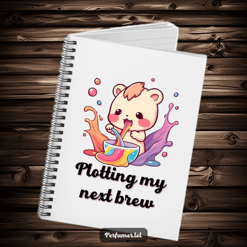 Funny Notebook with a small creature mixing swirling colorful liquids, great for jotting down ideas.