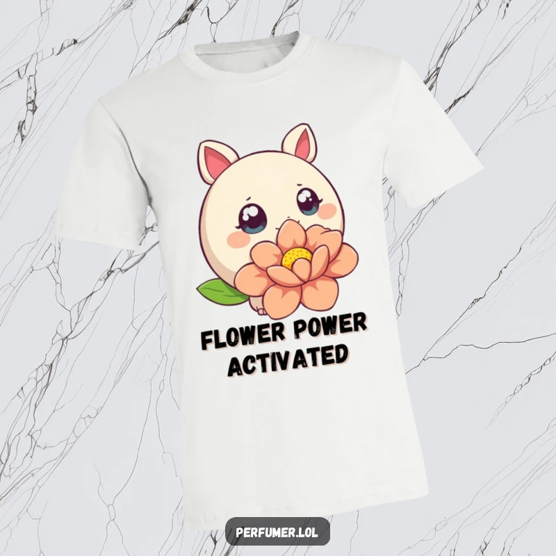 Funny T-Shirt showcasing a round creature with wide eyes sniffing a giant, stylized flower, perfect for nature lovers.