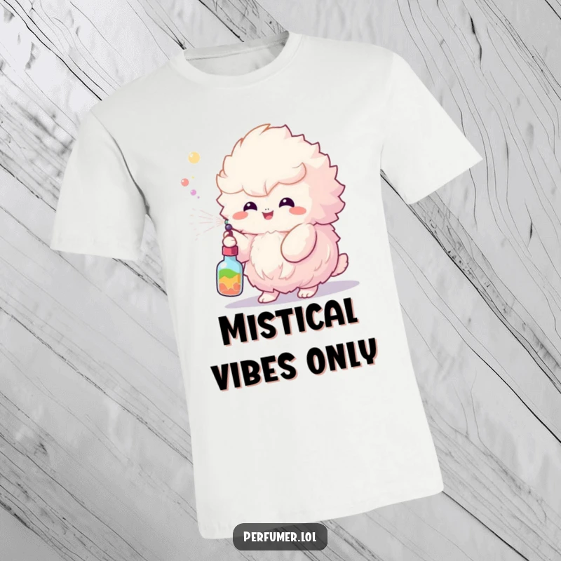 Funny T-Shirt of a happy fluffy creature spraying a rainbow mist from a tiny bottle, perfect for humor lovers.