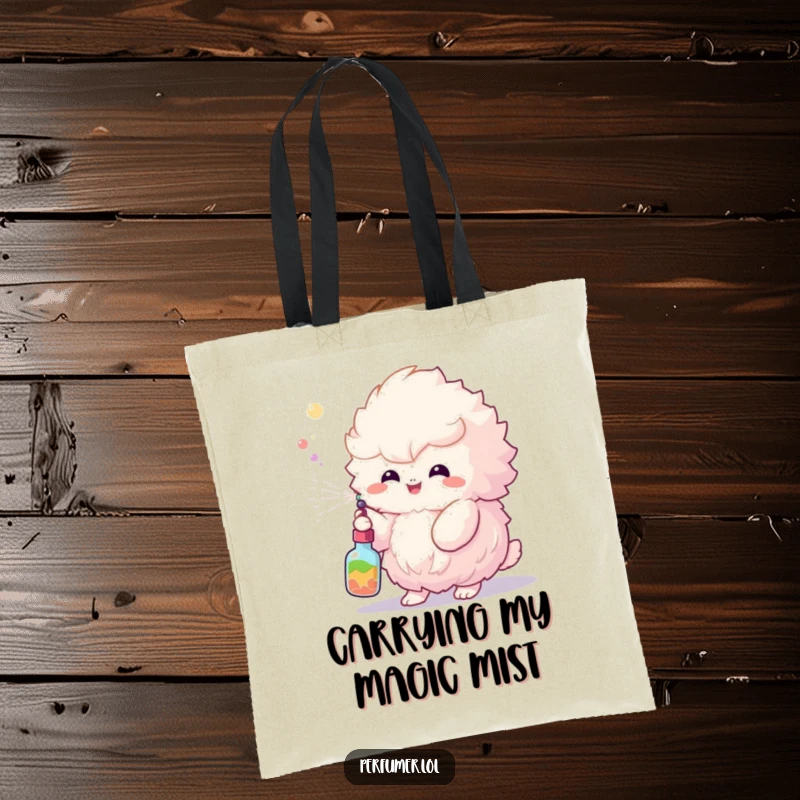 Funny Tote Bag with a fluffy creature spraying a delightful colorful mist, designed for stylish and humorous utility.