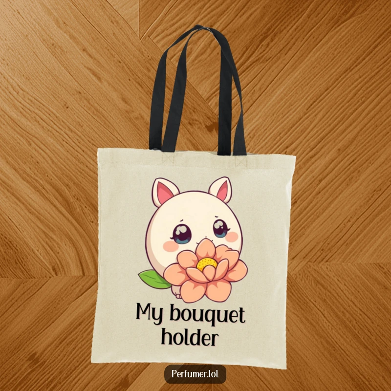 Funny Tote Bag featuring a wide-eyed creature sniffing a stylized flower, perfect for carrying necessities with a smile.
